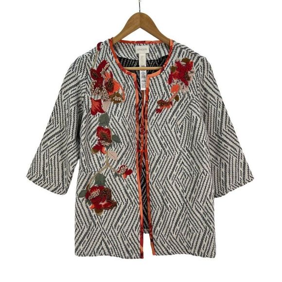 Chicos Jackets & Blazers - Chico's Artisan Applique Jacket  sz 1 P womens M 3/4-sleeves Black White Coral